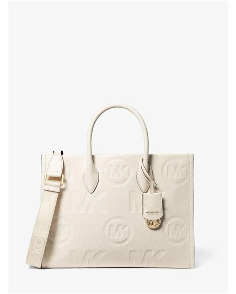 michael korsmichael kors mirella medium logo embossed pebbled leather tote bag|Michael Kors mirella medium.